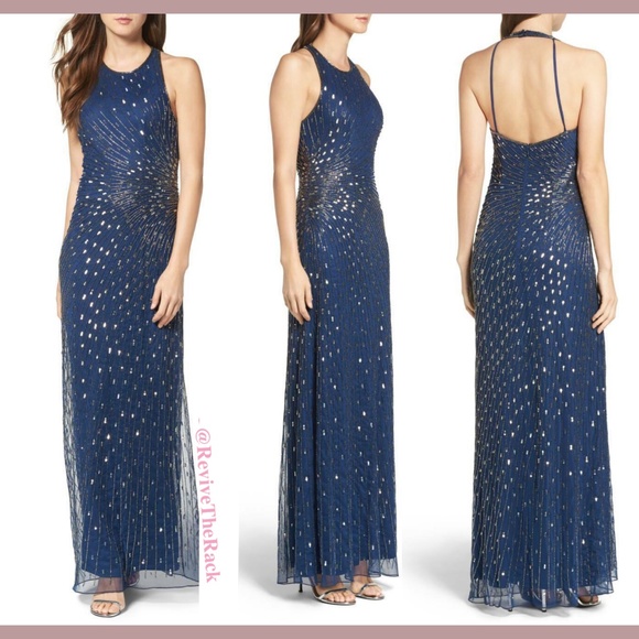 NEW Adrianna Papell Twilight Halter Column Gown in Mercury Blue [SZ 4 ]‎ - Picture 1 of 6